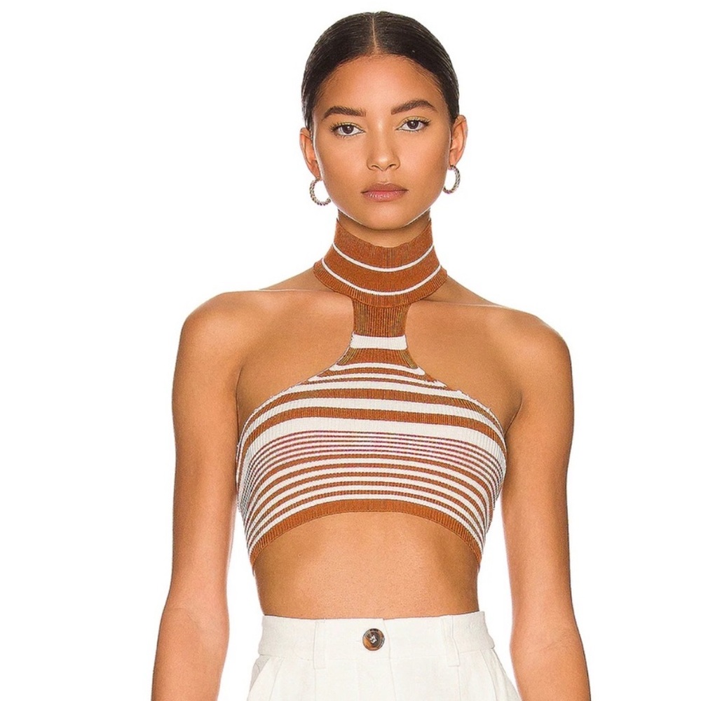 Striped Halter Crop Top with High Neck - Brown & Cream